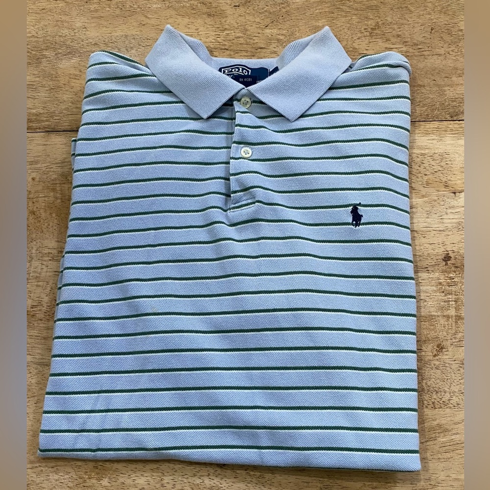 Polo Ralph Lauren‎ Men’s XL Light Blue/Green and White Pinstripe Mesh Knit Polo
